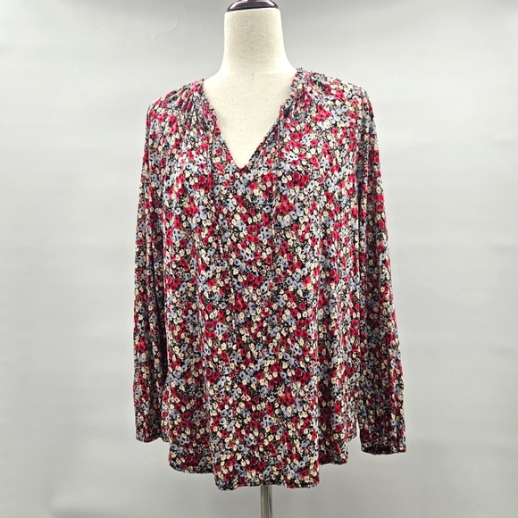 Chaps Splitneck Boho Tie Floral Red‎ Multicolor Pullover Peasant Top Siz… - Picture 1 of 10